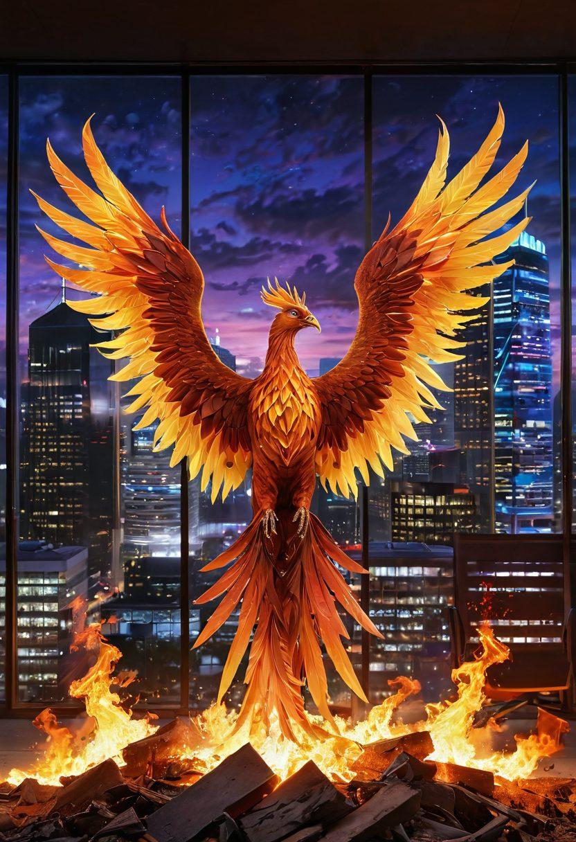 A majestic phoenix rising from a bed of ashes, symbolizing rebirth and innovation in a vibrant, modern office setting with digital screens displaying futuristic business strategies. The background features a skyline of innovative architecture, representing future-ready businesses. Bright flames and glowing light surround the phoenix to convey energy and creativity. super-realistic. vibrant colors. dynamic composition.