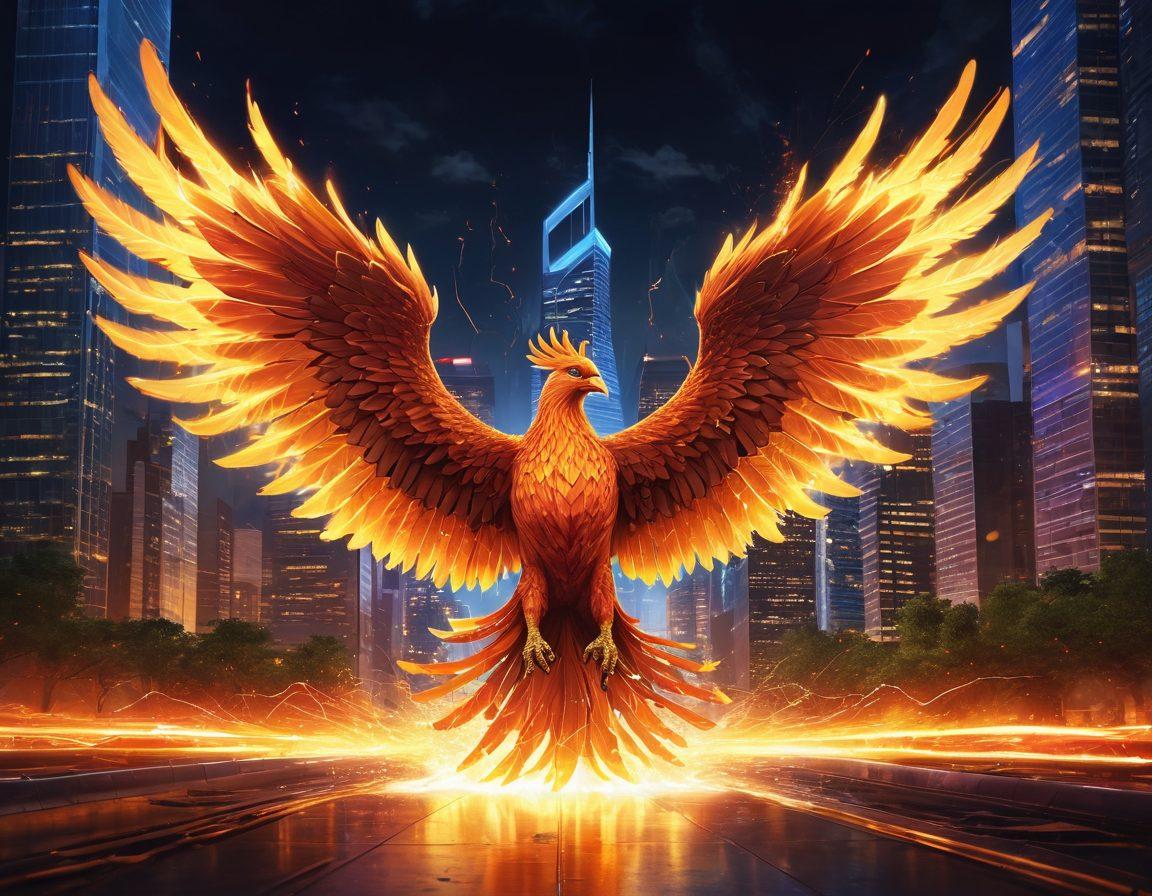 A fiery phoenix rising from the ashes, symbolizing innovation and resilience. The background features a dynamic cityscape representing business growth, with sleek modern buildings and vibrant light trails. Incorporate elements of technology, such as digital circuits or gears, intertwining with the phoenix's wings. The color palette should be warm and energetic, reflecting flames and prosperity. super-realistic. vibrant colors. dramatic lighting.