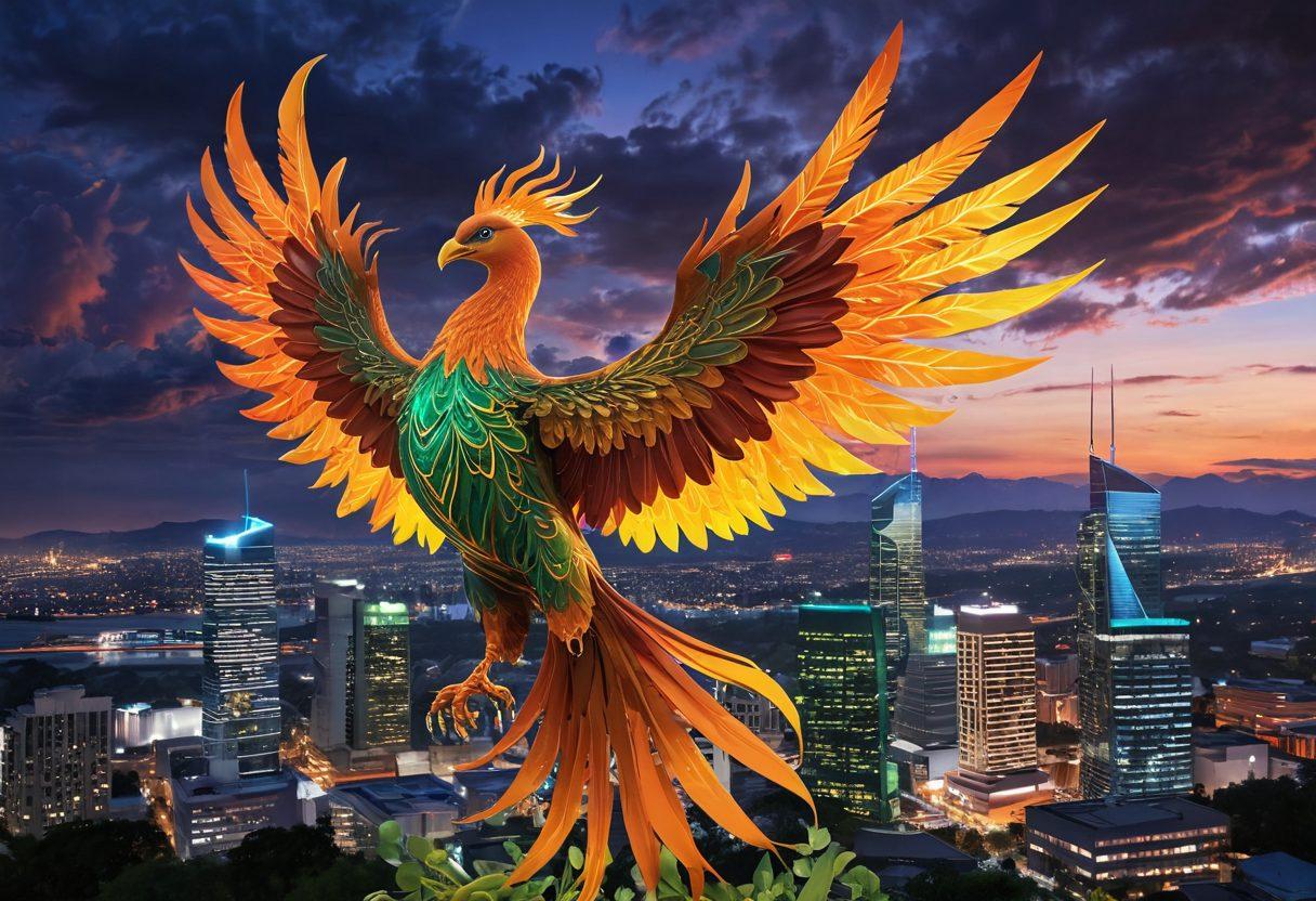 A majestic phoenix rising from vibrant flames, symbolizing rebirth and resilience, set against a backdrop of a modern cityscape that reflects technological growth. Incorporate elements of nature intertwining with technology, like green vines wrapped around circuits. The sky transitions from dusk to dawn, symbolizing renewal and adaptation. Bright, warm colors contrast with cool tech shades. super-realistic. vibrant colors. 3D.